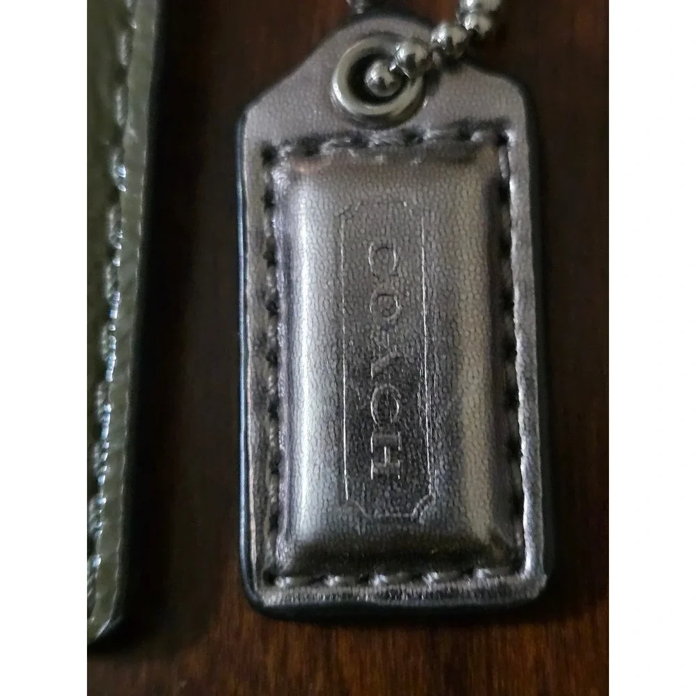 Coach Leather Hangtag lot Olive Green Patent and Metallic Silver Replacement Tag